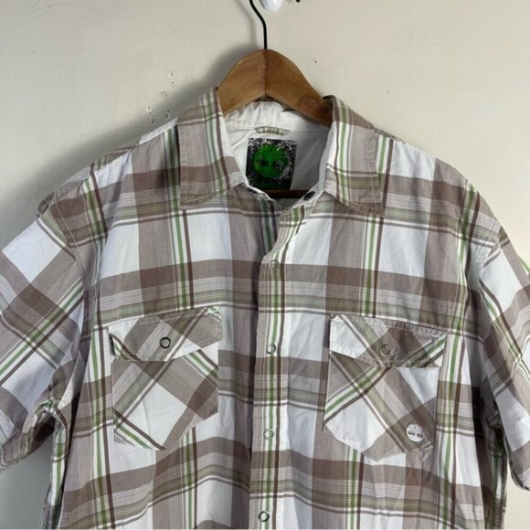Timberland Mens short sleeve plaid tan green cotton snap closure button down top - Picture 3 of 10